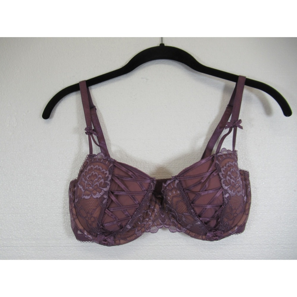 Adore Me Lace Up Bra 32DDD Purple Underwire Ribbon Bows